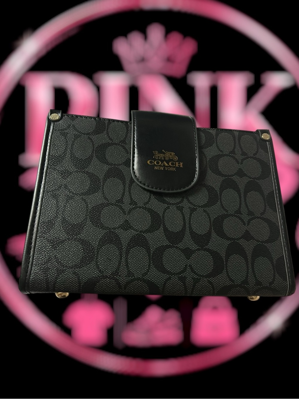 Coach Black Signature Wristlet Clutch with Gold Logo